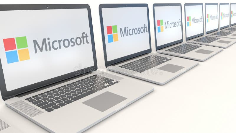 Modern laptops with Microsoft logo. Computer technology conceptual editorial 3D. Modern laptops with Microsoft logo. Computer technology conceptual editorial 3D