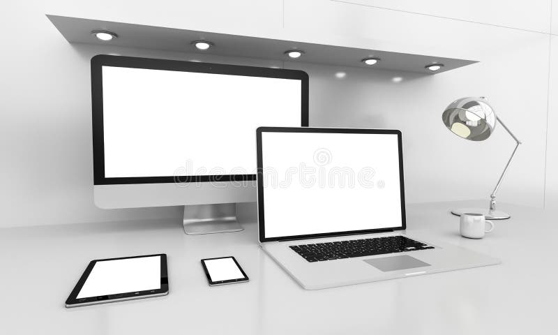 Modern white desk office interior with computer and digital devices and blue screen 3D rendering. Modern white desk office interior with computer and digital devices and blue screen 3D rendering