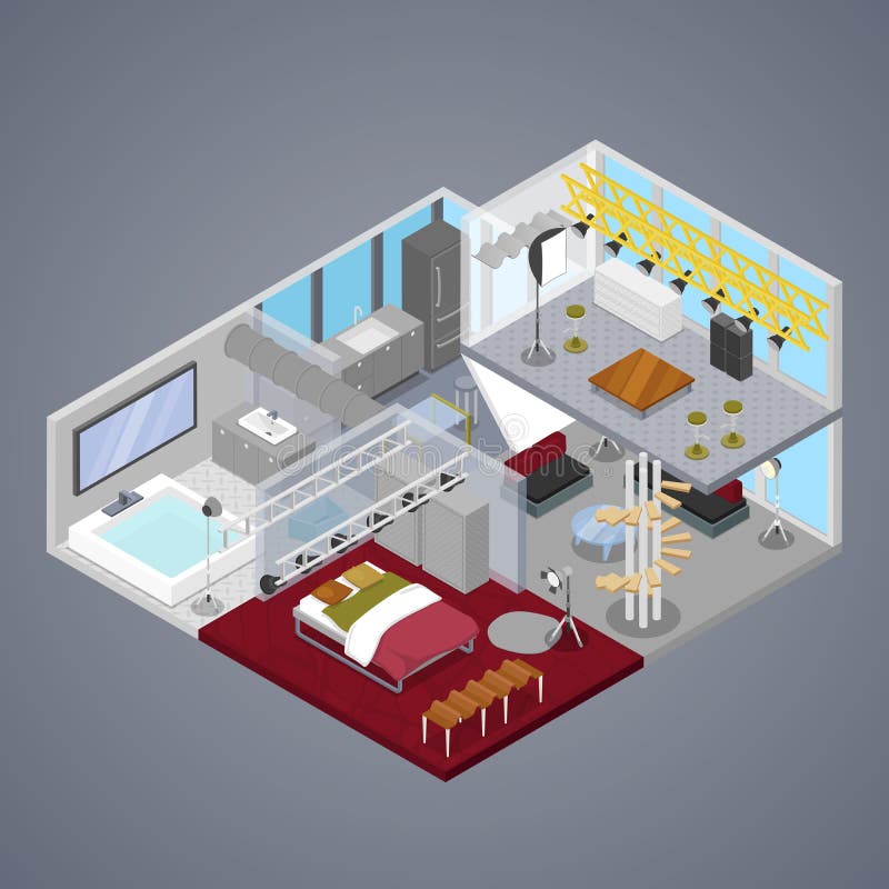 Modern Duplex Apartment Interior with Living Room and Bathroom. Isometric vector flat 3d illustration. Modern Duplex Apartment Interior with Living Room and Bathroom. Isometric vector flat 3d illustration