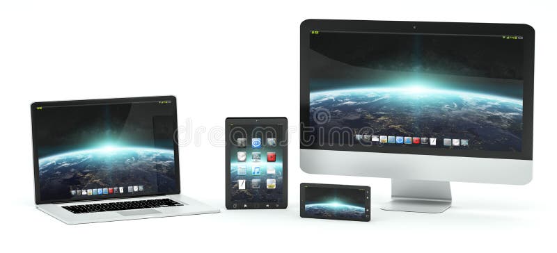 Modern computer laptop mobile phone and tablet on white background 3D rendering. Modern computer laptop mobile phone and tablet on white background 3D rendering