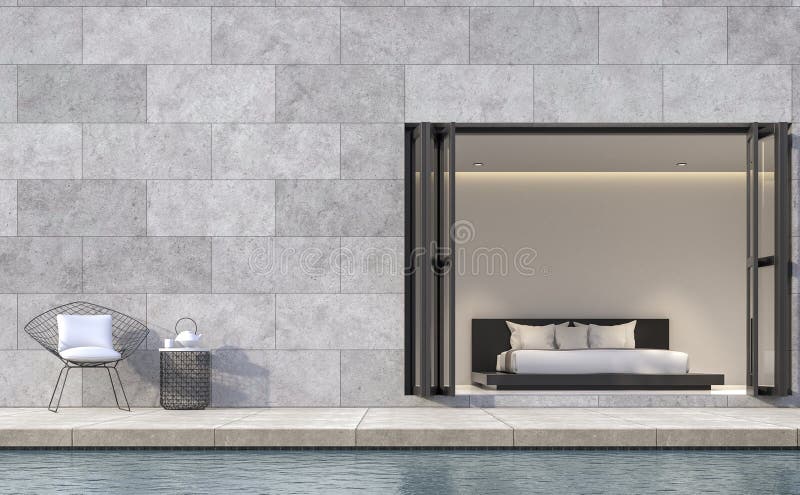 Nowożytny loft stylu sypialni taras z pływackiego basenu 3d renderingu wizerunkiem ilustracja wektor
