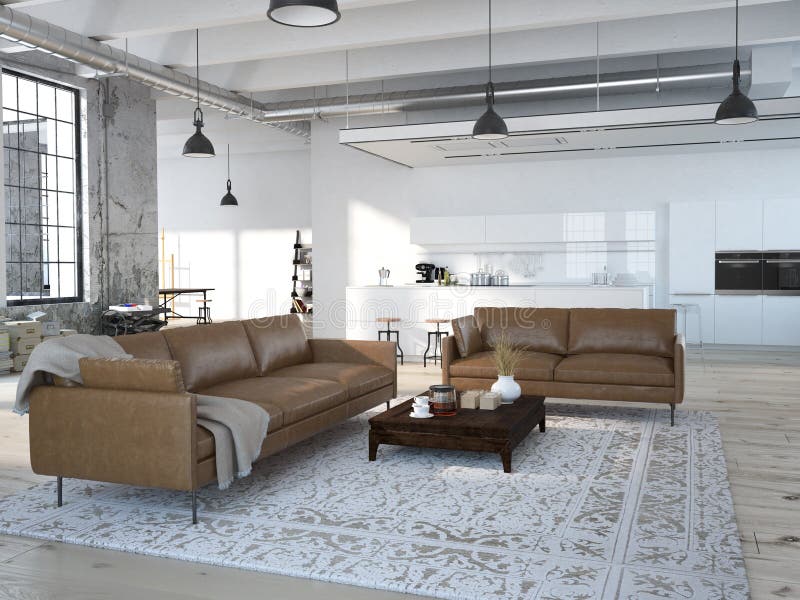 Nowożytny loft z kuchnią świadczenia 3 d ilustracji Nowożytny loft z kuchnią świadczenia 3 d ilustracji
