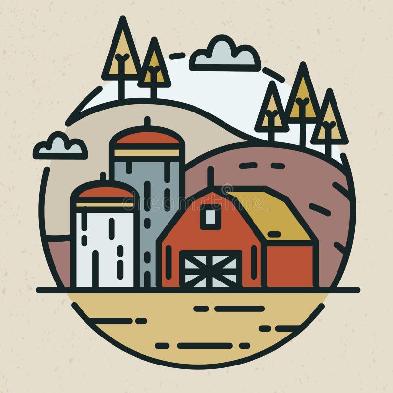 Nowożytny logotyp z wieś krajobrazowym i rolnym budynkiem z silosami dla zbożowego magazynu rysującego w liniowym stylu _ royalty ilustracja Nowożytny logotyp z wieś krajobrazowym i rolnym budynkiem z silosami dla zbożowego magazynu rysującego w liniowym stylu _ royalty ilustracja