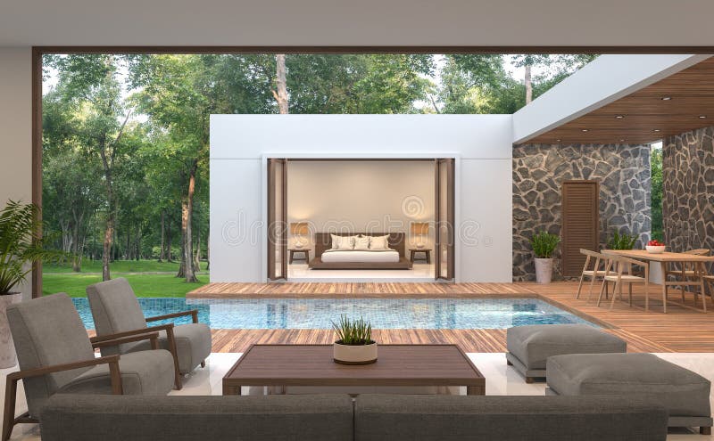 Nowożytny współczesny basen willi 3d renderingu wizerunek ilustracji