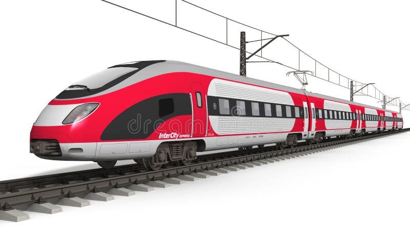 Railway transportation and railroad industry concept: red modern high speed electric streamlined fast train on rail track isolated on white background. Railway transportation and railroad industry concept: red modern high speed electric streamlined fast train on rail track isolated on white background