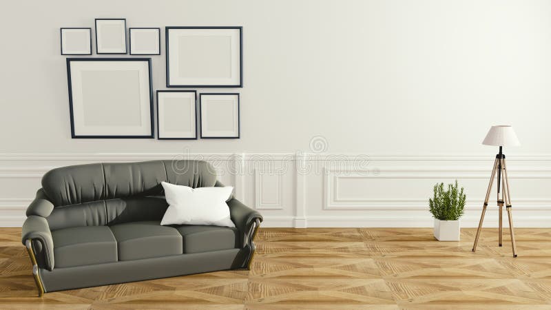 Nowożytny żywy izbowy wnętrze z kanapy lampą na bielu i zielone rośliny izolujemy tło, minimalni projekty, 3d rendering royalty ilustracja Nowożytny żywy izbowy wnętrze z kanapy lampą na bielu i zielone rośliny izolujemy tło, minimalni projekty, 3d rendering royalty ilustracja