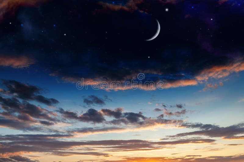 New moon .  Religion background . The sky at night with stars. Ramadan background . Prayer time . rural area. New moon .  Religion background . The sky at night with stars. Ramadan background . Prayer time . rural area