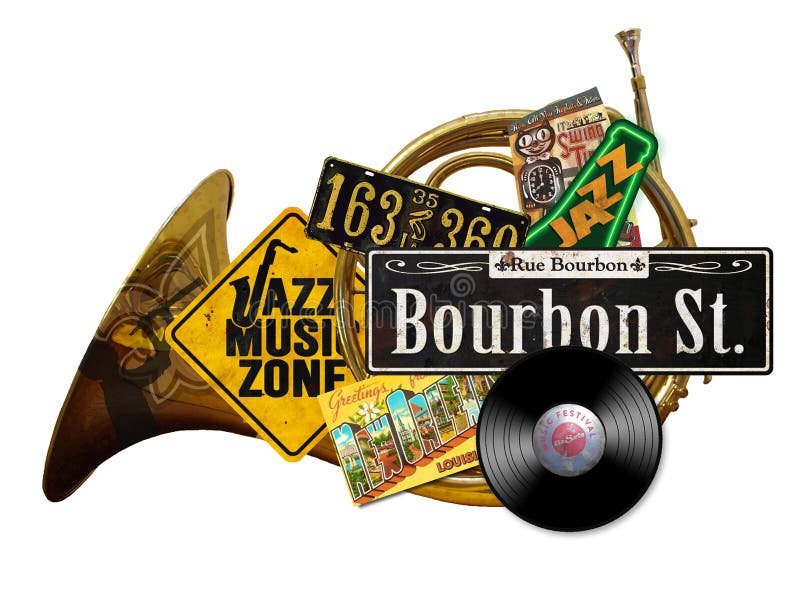 New Orleans Vintage Jazz folk art sign with brass instruments beer poster artwork music bourbon street LA NOLA. New Orleans Vintage Jazz folk art sign with brass instruments beer poster artwork music bourbon street LA NOLA