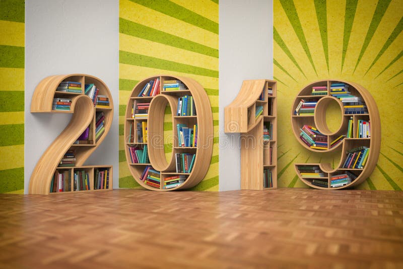 2019 nowy rok edukaci pojęcie Bookshelvs z książkami w fo royalty ilustracja 2019 nowy rok edukaci pojęcie Bookshelvs z książkami w fo royalty ilustracja