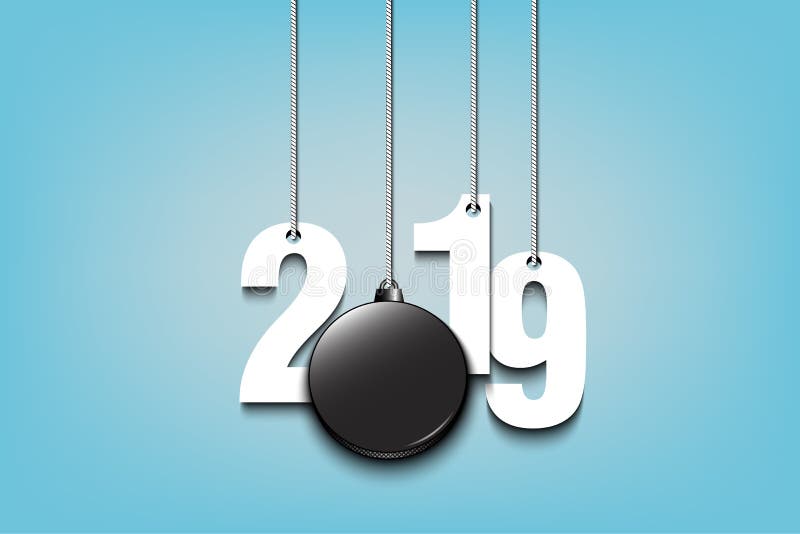 2019 nowy rok i hokejowego krążka hokojowego obwieszenie na sznurkach royalty ilustracja 2019 nowy rok i hokejowego krążka hokojowego obwieszenie na sznurkach royalty ilustracja