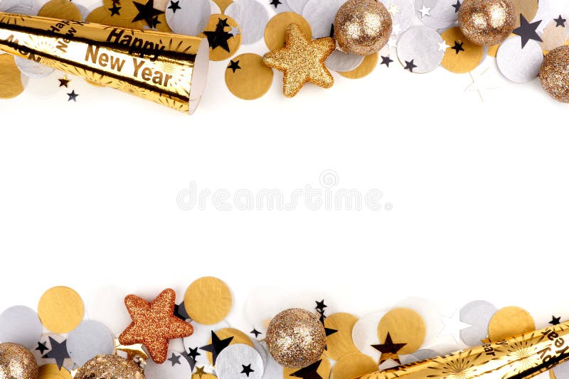 Nowy Rok wigilii kopii granicy confetti i wystrój nad bielem obrazy stock Nowy Rok wigilii kopii granicy confetti i wystrój nad bielem obrazy stock