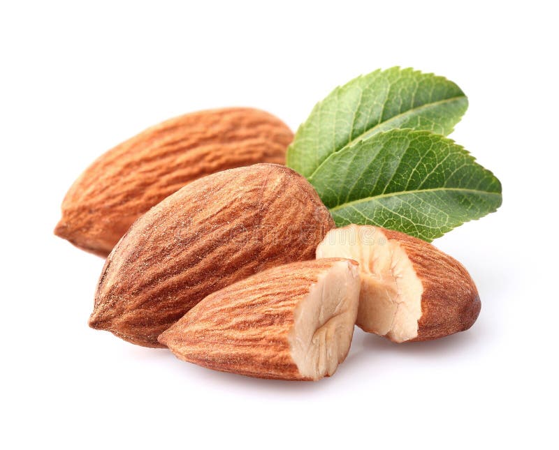 Almonds kernel with leaves on a white background. Almonds kernel with leaves on a white background