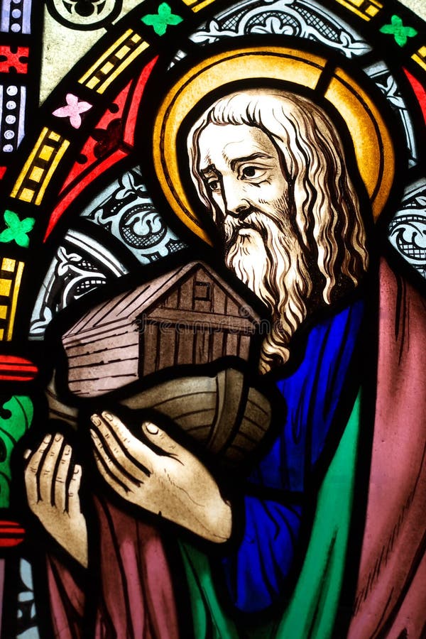 Detail of victorian stained glass church window in Fringford depicting Noah with the ark in his arms. Detail of victorian stained glass church window in Fringford depicting Noah with the ark in his arms