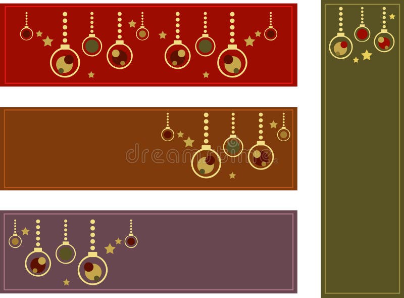 Set of four colorful christmas banners depicting christmas ornaments (baubles) and golden stars; background colors red, brown, green and violet. Set of four colorful christmas banners depicting christmas ornaments (baubles) and golden stars; background colors red, brown, green and violet