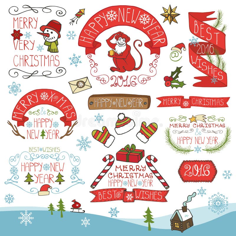 Noël, décoration 2016, ensemble de nouvelle année de labels illustration stock Noël, décoration 2016, ensemble de nouvelle année de labels illustration stock