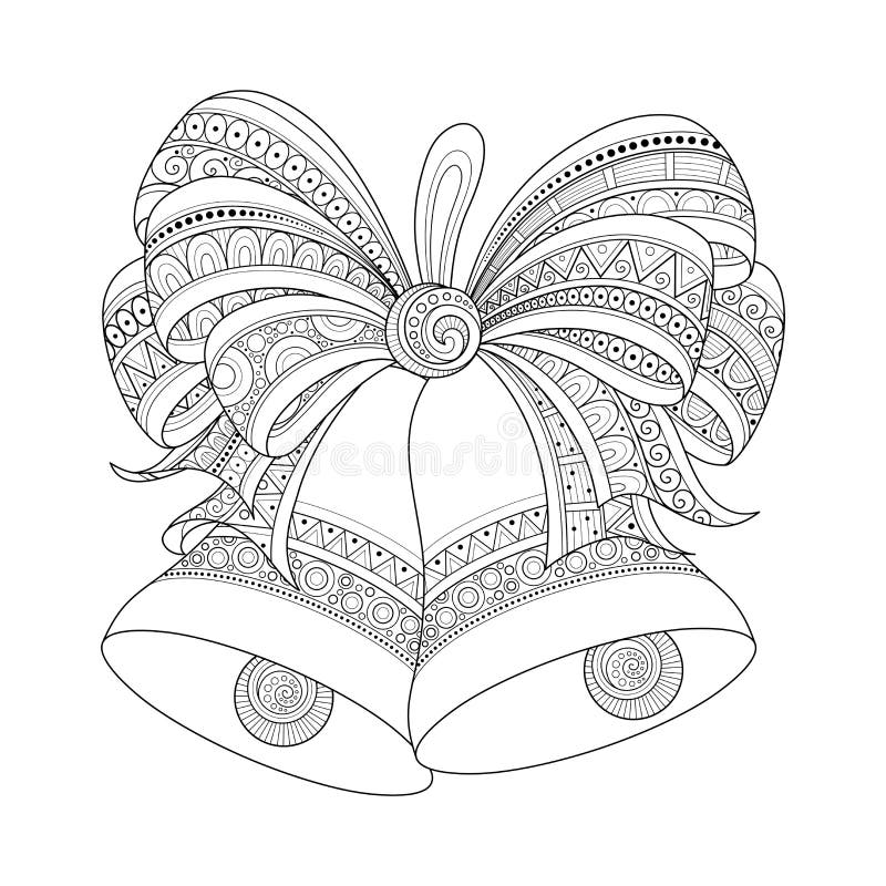 Vector Ornate Monochrome Christmas Golden Bells with Red Bow. Patterned Objects for Coloring Books. New Year and Christmas Template. Vector Ornate Monochrome Christmas Golden Bells with Red Bow. Patterned Objects for Coloring Books. New Year and Christmas Template