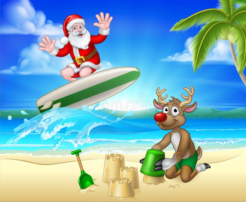 Noël Santa Claus et scène de plage de renne illustration de vecteur Noël Santa Claus et scène de plage de renne illustration de vecteur