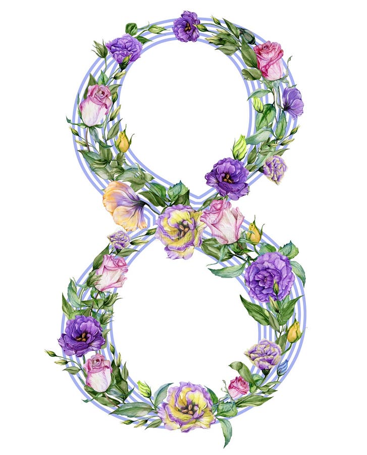 Nr. acht verziert mit schönen Rosen- und Eustomablumen Illustration für der den 8. März den Tag, internationalen Frauen vektor abbildung