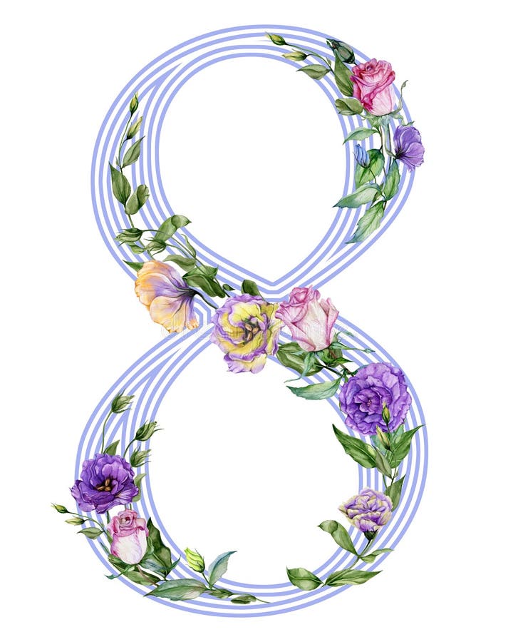 Nr. acht verziert mit schönen Rosen- und Eustomablumen Illustration für der den 8. März den Tag, internationalen Frauen lizenzfreie abbildung