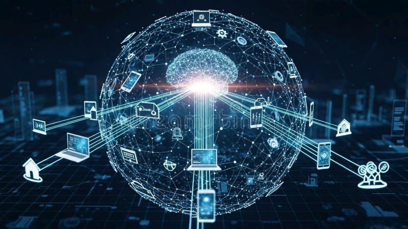 Ntelligence features a glowing brain at the center of a network royalty free illustration