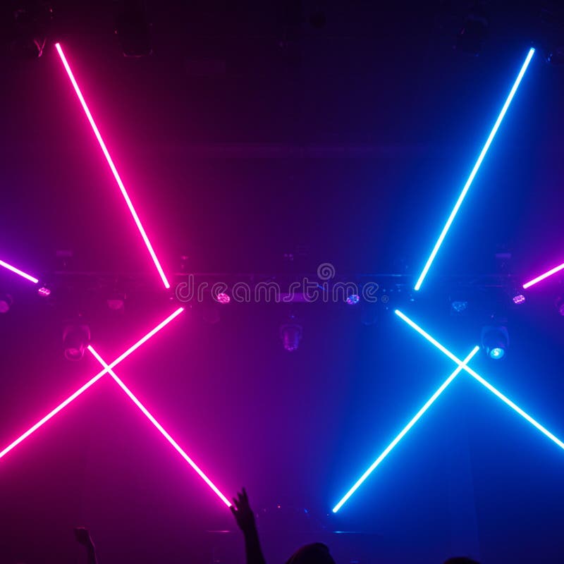 Ntersecting pink and blue laser beams create a vibrant pattern on a dark stage. The stock illustration