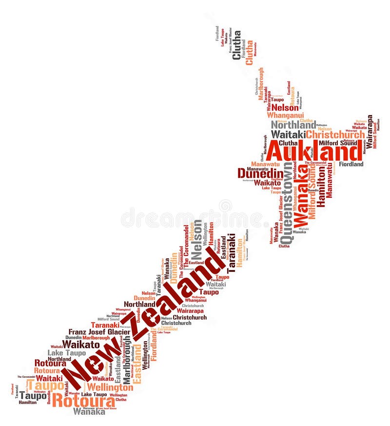 Nuage de mot de destinations de voyage de dessus du Nouvelle-Zélande image libre de droits Nuage de mot de destinations de voyage de dessus du Nouvelle-Zélande image libre de droits