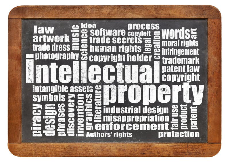 Intellectual property word cloud on an isolated vintage blackboard. Intellectual property word cloud on an isolated vintage blackboard