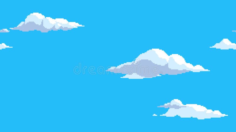 Nuages d'art en pixels flottant horizontalement sur fond bleu ciel. animation en boucle transparente. nuage de dessin animé. illustration libre de droits