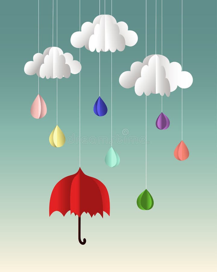 Nuages de papier, baisses et parapluie de vecteur illustration stock Nuages de papier, baisses et parapluie de vecteur illustration stock