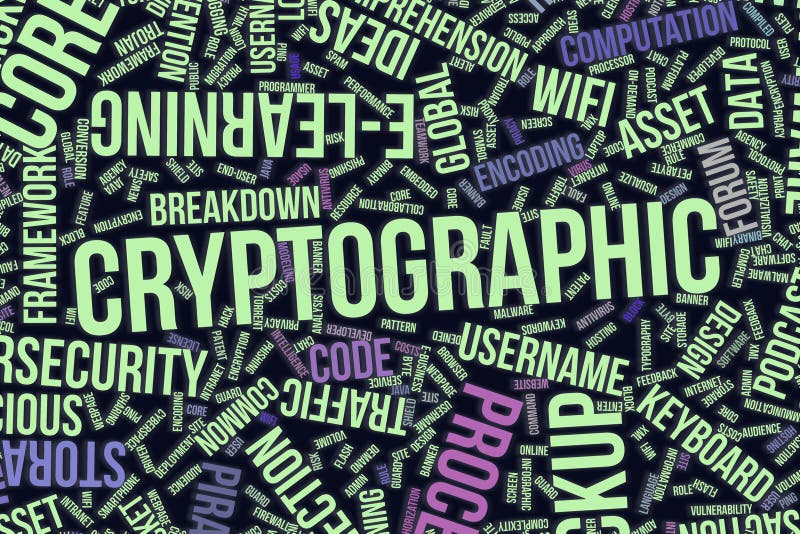 Nube criptográfica, conceptual de la palabra para el negocio, tecnología de la información o las TIC ilustración del vector Nube criptográfica, conceptual de la palabra para el negocio, tecnología de la información o las TIC ilustración del vector