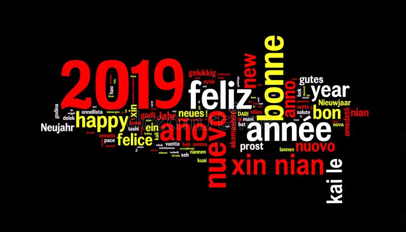 nube de 2019 palabras en el fondo negro, Año Nuevo en muchas idiomas ilustración del vector nube de 2019 palabras en el fondo negro, Año Nuevo en muchas idiomas ilustración del vector