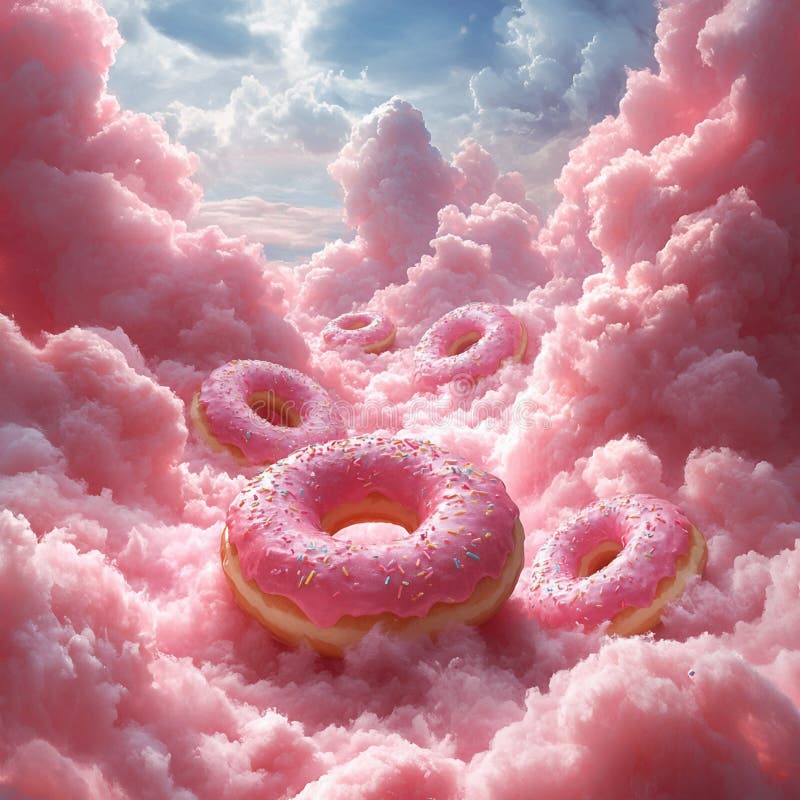 Nubes de caramelo pastoral con donuts flotantes imagenes de archivo