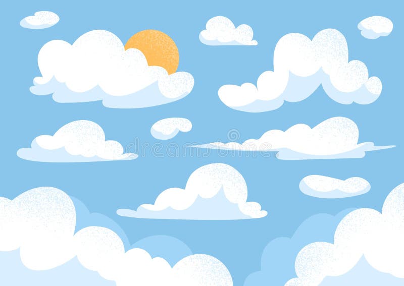 Nubes en el cielo. afiche de antecedentes o banner para el sitio web. elemento gráfico para la tarjeta de bienvenida y invitación. clima de verano o primavera. ternura y metáfora del sueño. ilustración cartográfica vectorial plana