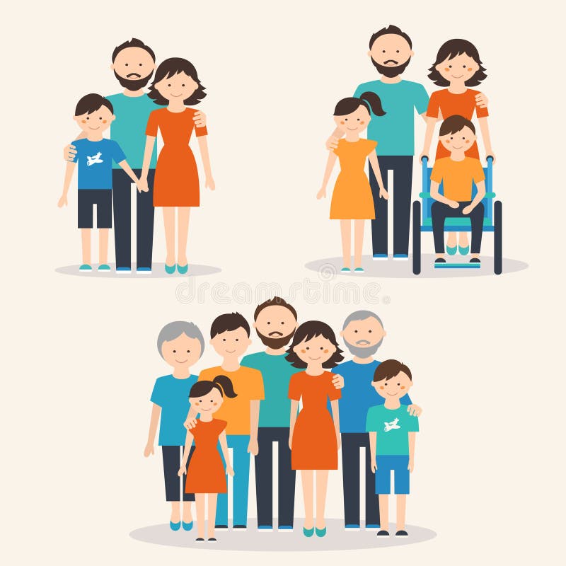 Nuclear Family, Family with Special Needs Child and Extended Family. Families of Different Types royalty free illustration Nuclear Family, Family with Special Needs Child and Extended Family. Families of Different Types royalty free illustration