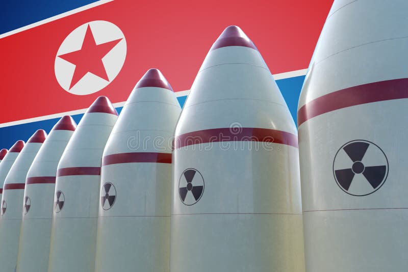 Nuclear missiles and North Korea flag in background. 3D rendered illustration vector illustration Nuclear missiles and North Korea flag in background. 3D rendered illustration vector illustration