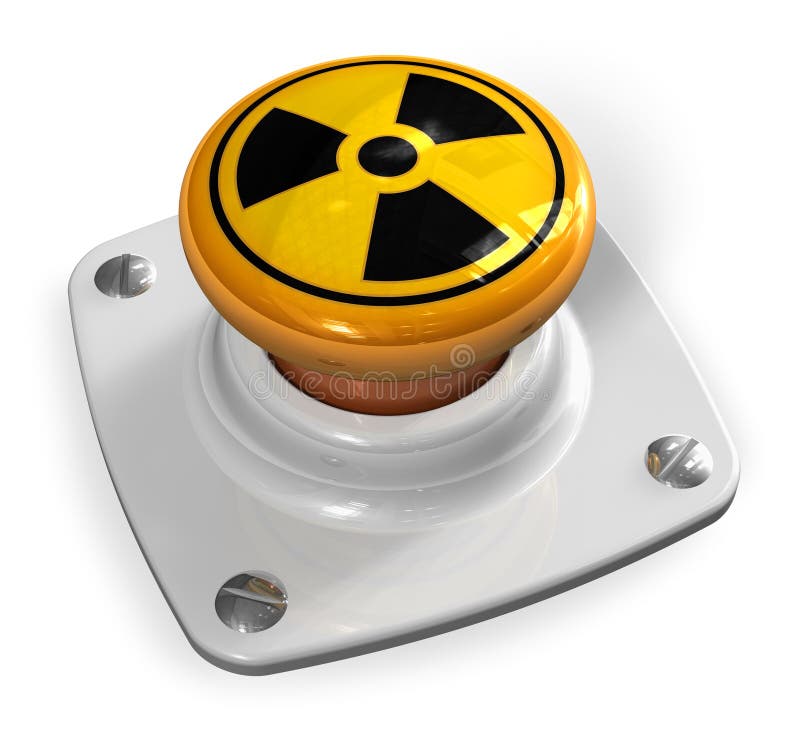 NUKE red button on a grunge concrete background. Nuclear bomb