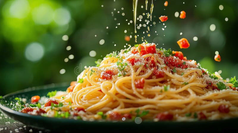 Pasta-Nudeln fallen in der Luft, bedeckt mit Tomaten-Chili-Sauce, mit roten Chilischoten und Chili-Öl, limettrosa Studiohintergrun vektor abbildung