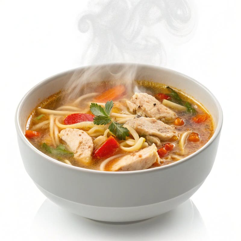 Nudelsuppe aus Gewürzhähnchen isoliert auf weißem Hintergrund stock abbildung