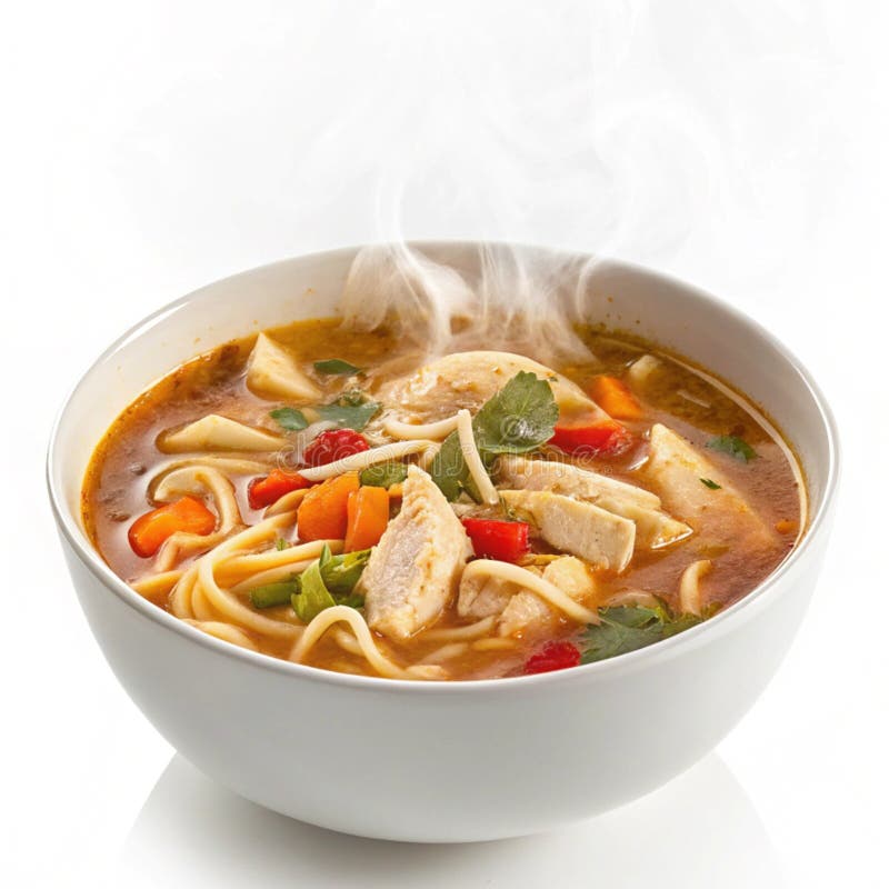 Nudelsuppe aus Gewürzhähnchen isoliert auf weißem Hintergrund stock abbildung