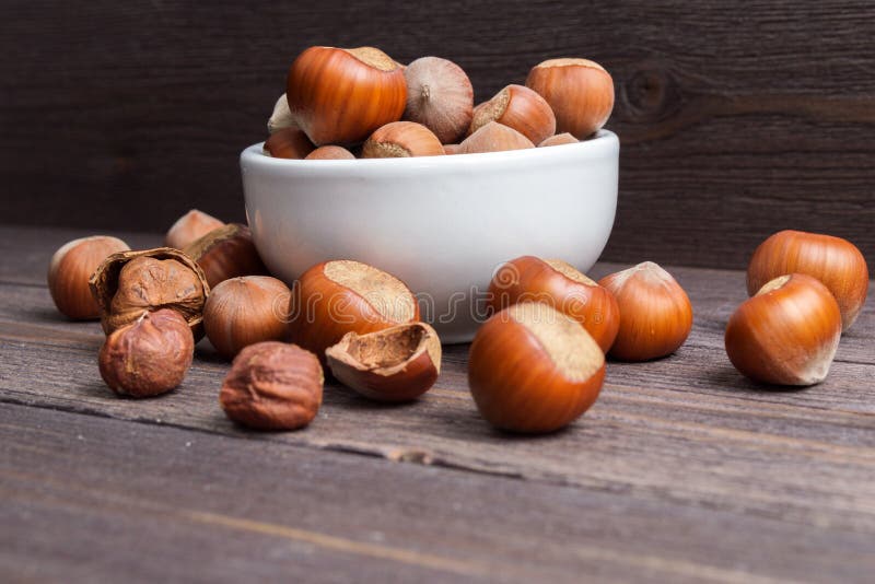 Nueces de la avellana en el cuenco blanco de la porcelana en fondo de madera fotografía de archivo libre de regalías Nueces de la avellana en el cuenco blanco de la porcelana en fondo de madera fotografía de archivo libre de regalías