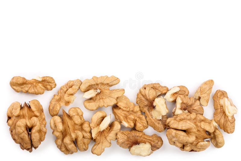 Nueces de Peelled aisladas en el fondo blanco con el espacio de la copia para su texto Visión superior Endecha plana libre illustration Nueces de Peelled aisladas en el fondo blanco con el espacio de la copia para su texto Visión superior Endecha plana libre illustration