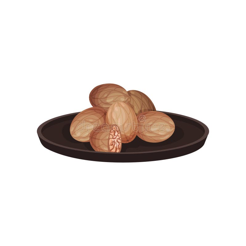 Nueces moscada moscadas en placa de cerámica Producto natural Ingrediente de cocinar aromático Tema culinario Diseño plano del ve stock de ilustración Nueces moscada moscadas en placa de cerámica Producto natural Ingrediente de cocinar aromático Tema culinario Diseño plano del ve stock de ilustración