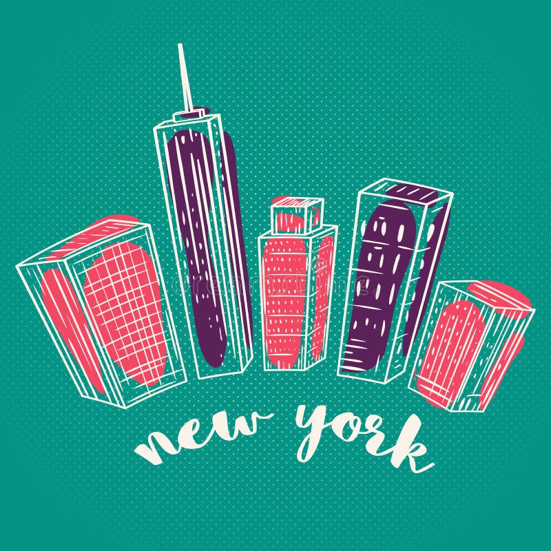 Nueva York Paisaje dibujado mano colorida de la ciudad del vintage stock de ilustración Nueva York Paisaje dibujado mano colorida de la ciudad del vintage stock de ilustración