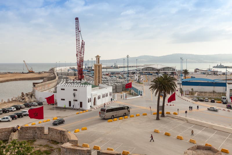 TANGIER, MOROCCO - MARCH 22, 2014: New passenger terminals under construction in Port of Tangier, Africa. TANGIER, MOROCCO - MARCH 22, 2014: New passenger terminals under construction in Port of Tangier, Africa