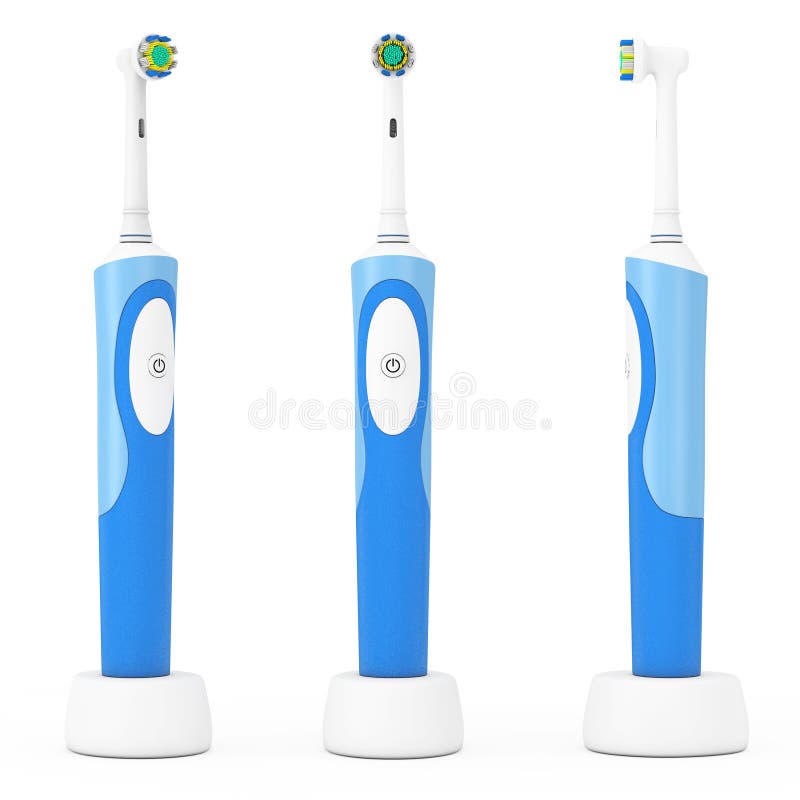 Nuevo cepillo de dientes eléctrico sobre un soporte de carga sobre un fondo  azul. representación 3d