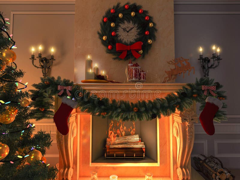 Nuevo interior con el árbol de navidad, los presentes y la chimenea postal stock de ilustración Nuevo interior con el árbol de navidad, los presentes y la chimenea postal stock de ilustración
