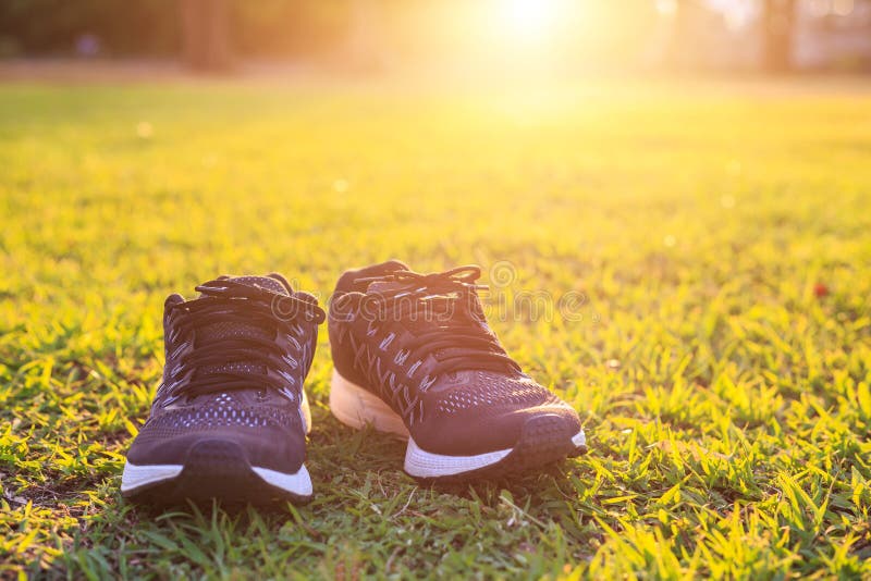 Close up new pairs of black running shoes / sneaker shoes on green grass field in the park at sunset time. Worm tone, sunlight and lens flare effect with space for text or design. Close up new pairs of black running shoes / sneaker shoes on green grass field in the park at sunset time. Worm tone, sunlight and lens flare effect with space for text or design