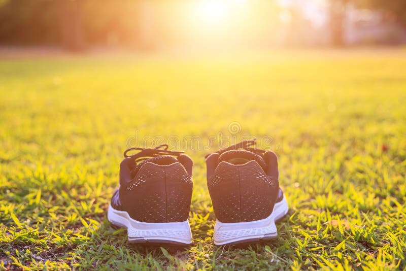 Close up new pairs of black running shoes / sneaker shoes on green grass field in the park at sunset time. Worm tone, sunlight and lens flare effect with space for text or design. Close up new pairs of black running shoes / sneaker shoes on green grass field in the park at sunset time. Worm tone, sunlight and lens flare effect with space for text or design