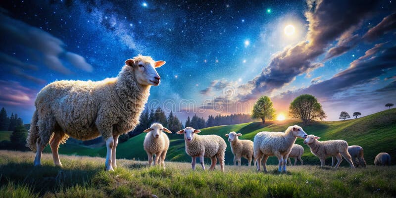 Nuit étoilée Embrassez un majestueux troupeau de moutons et d'agneaux sous une toile céleste illustration stock