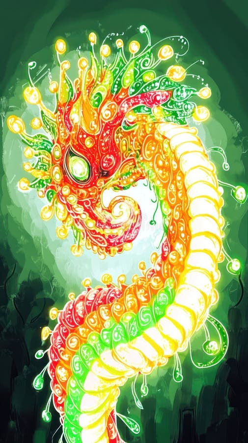 Un dragon mitic vibrant cu solzi colorați și elemente strălucitoare într-un cadru mistic stock illustration